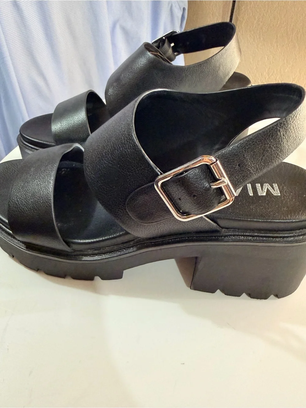 MIA Black Leather Double Strap Platform Sandals